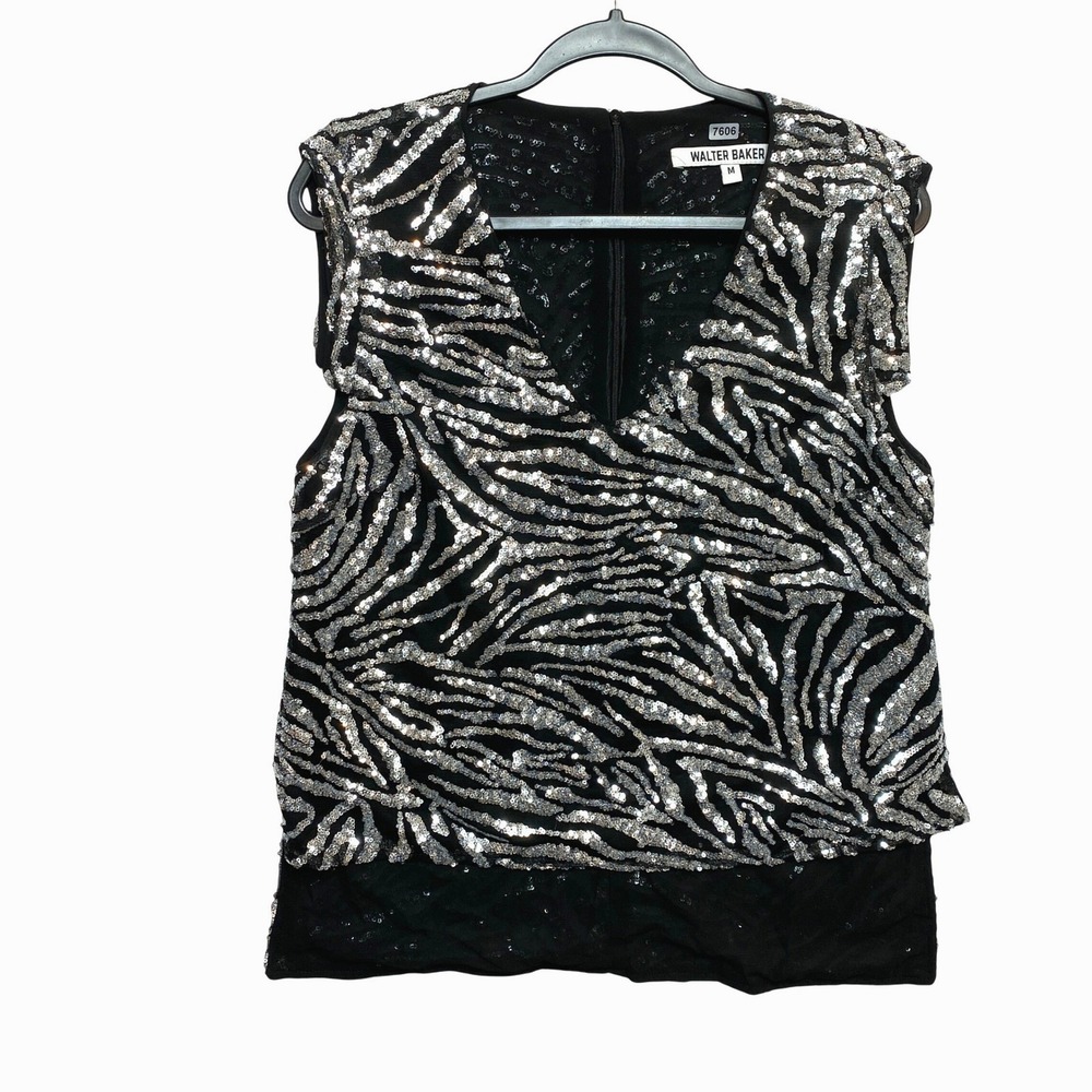 Walter Baker Top Womens Size M Black Silver Sleeveless Sequin Zebra Print V Neck